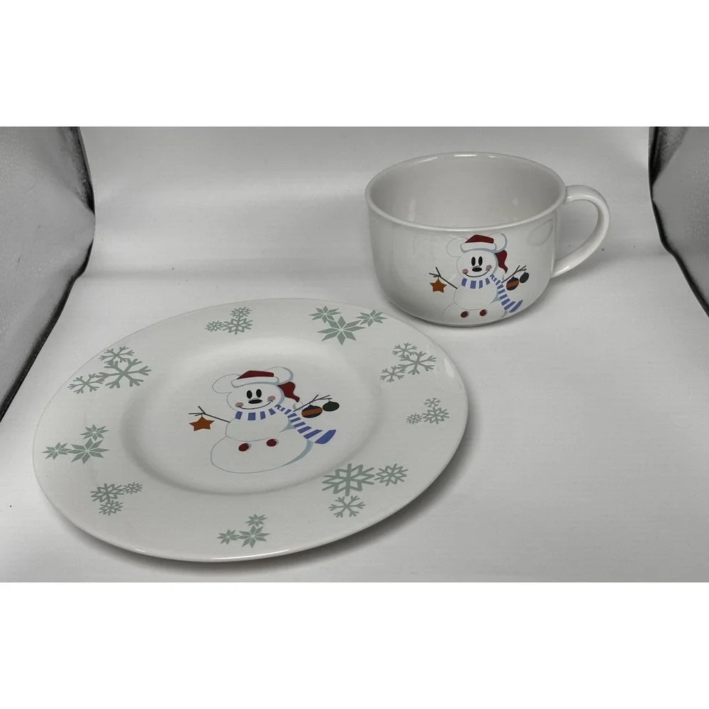 Disney Plate Mug Mickey Mouse Snowman Snowflakes Santa‎ ornament Christmas set